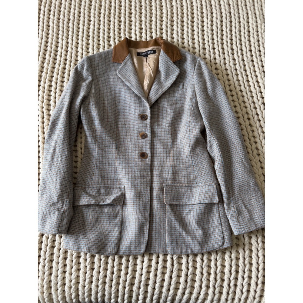Anne Klein New York Blue Brown Plaid Blazer Leather Collar Elbow Patches Size 8